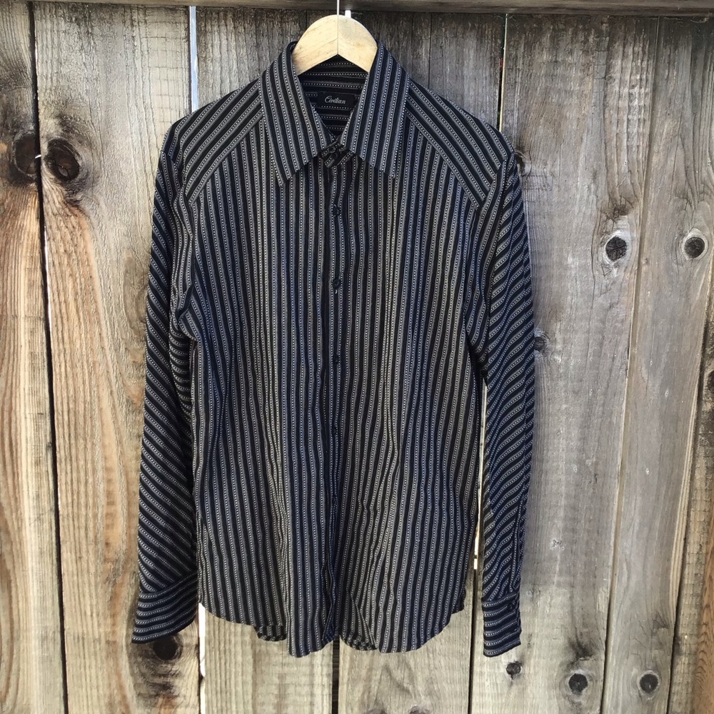 Civilian striped long sleeve button up t shirt mens large black white